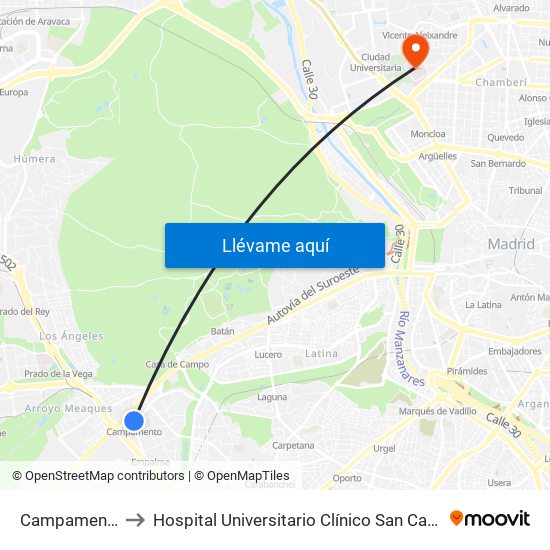 Campamento to Hospital Universitario Clínico San Carlos map