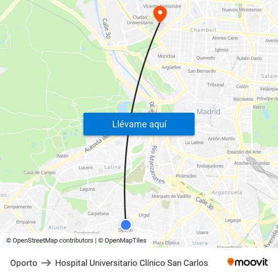 Oporto to Hospital Universitario Clínico San Carlos map
