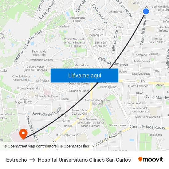 Estrecho to Hospital Universitario Clínico San Carlos map