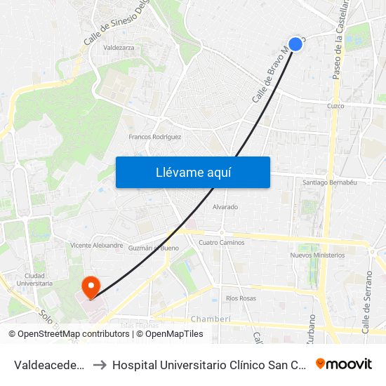 Valdeacederas to Hospital Universitario Clínico San Carlos map
