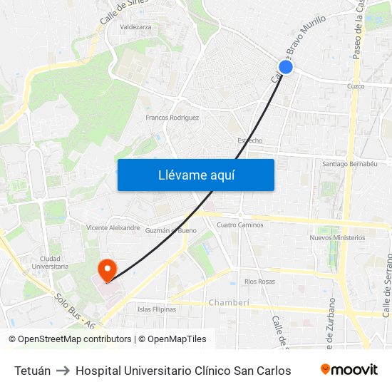 Tetuán to Hospital Universitario Clínico San Carlos map