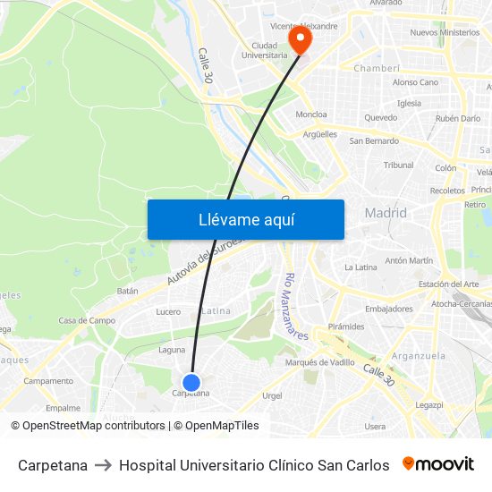 Carpetana to Hospital Universitario Clínico San Carlos map
