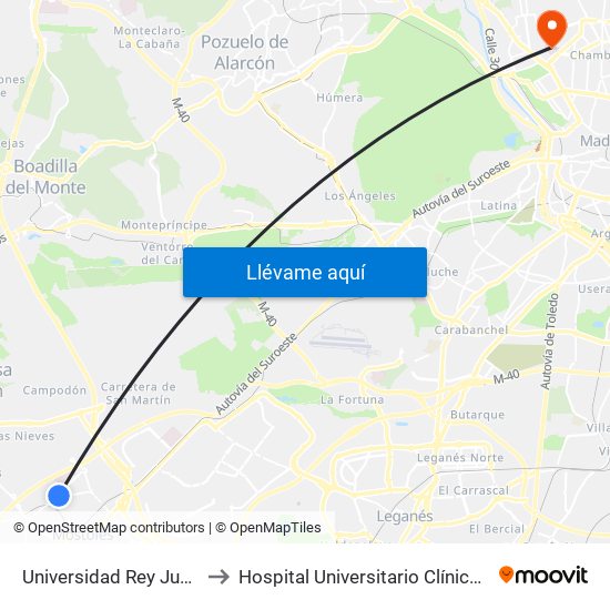 Universidad Rey Juan Carlos to Hospital Universitario Clínico San Carlos map