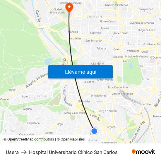 Usera to Hospital Universitario Clínico San Carlos map