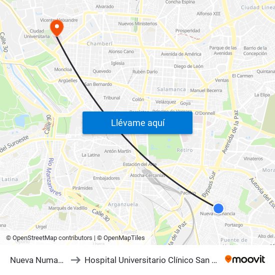 Nueva Numancia to Hospital Universitario Clínico San Carlos map