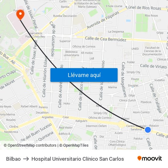 Bilbao to Hospital Universitario Clínico San Carlos map