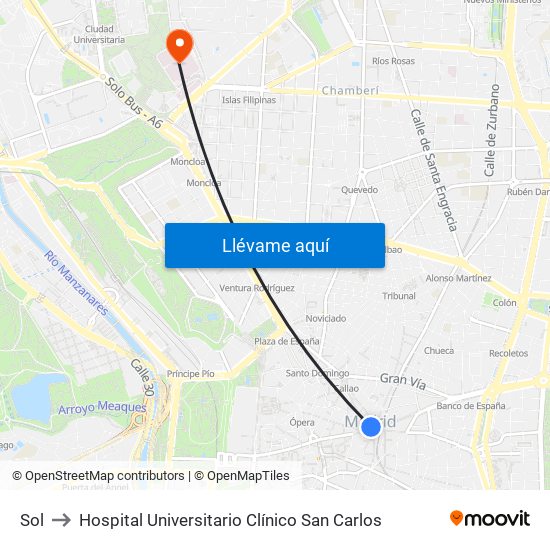 Sol to Hospital Universitario Clínico San Carlos map