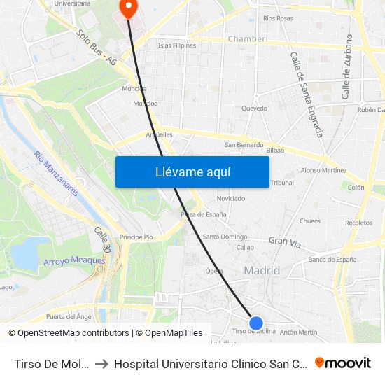 Tirso De Molina to Hospital Universitario Clínico San Carlos map