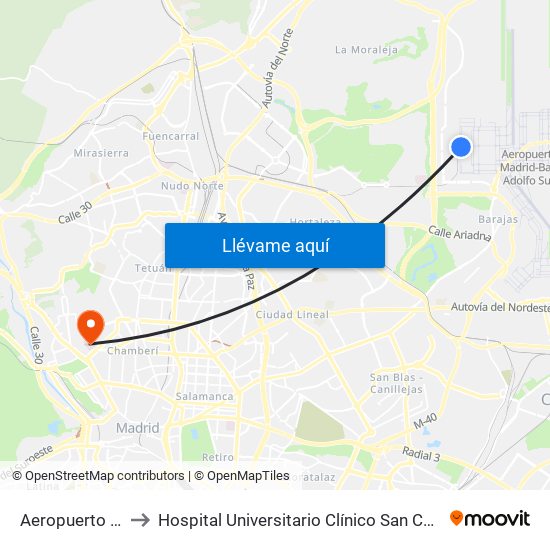 Aeropuerto T4 to Hospital Universitario Clínico San Carlos map