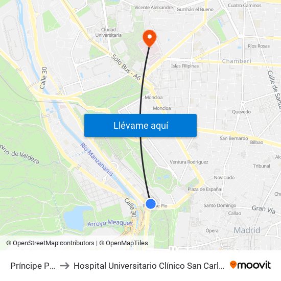 Príncipe Pío to Hospital Universitario Clínico San Carlos map