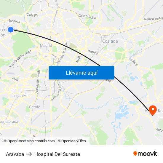Aravaca to Hospital Del Sureste map