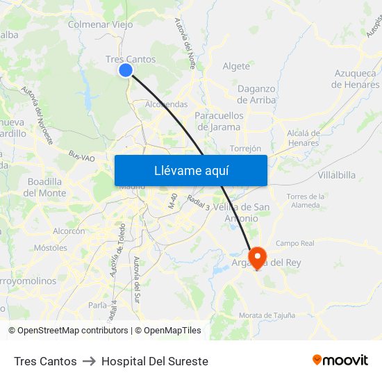 Tres Cantos to Hospital Del Sureste map