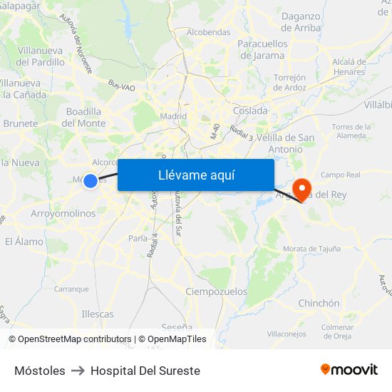 Móstoles to Hospital Del Sureste map