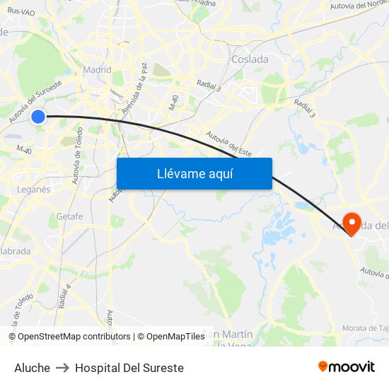 Aluche to Hospital Del Sureste map