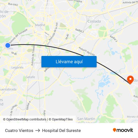 Cuatro Vientos to Hospital Del Sureste map