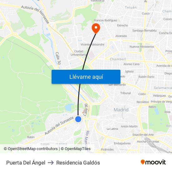 Puerta Del Ángel to Residencia Galdós map