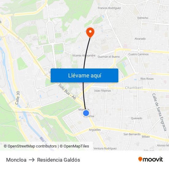 Moncloa to Residencia Galdós map