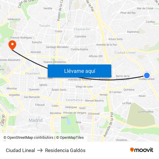 Ciudad Lineal to Residencia Galdós map