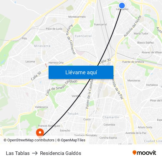 Las Tablas to Residencia Galdós map