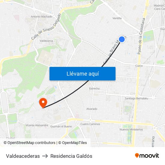 Valdeacederas to Residencia Galdós map