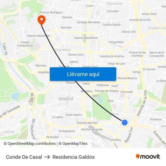 Conde De Casal to Residencia Galdós map