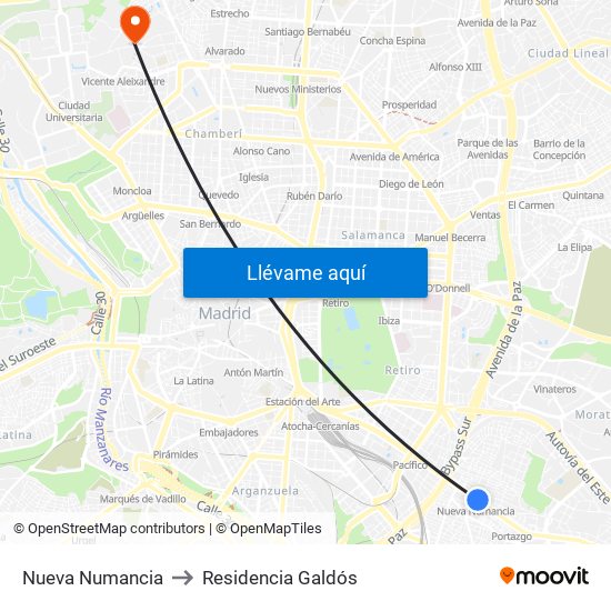 Nueva Numancia to Residencia Galdós map