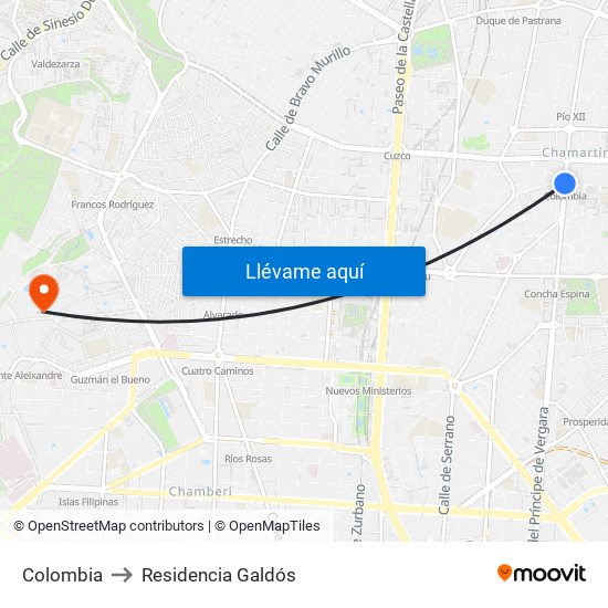Colombia to Residencia Galdós map