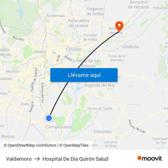 Valdemoro to Hospital De Día Quirón Salud map