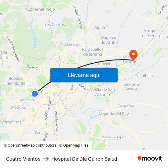 Cuatro Vientos to Hospital De Día Quirón Salud map