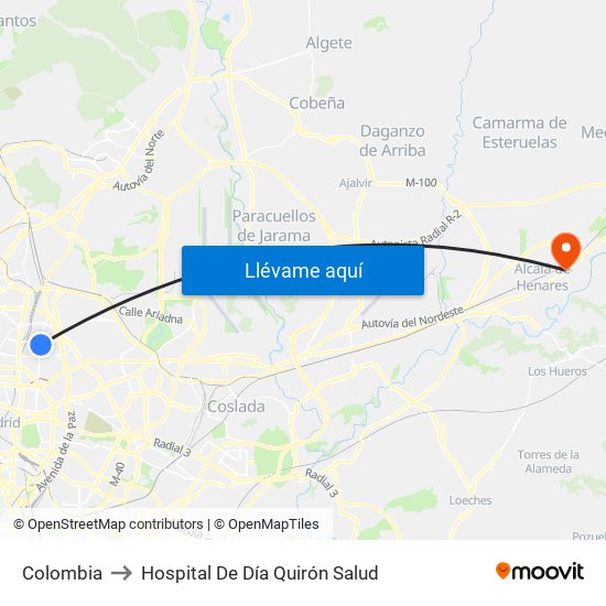 Colombia to Hospital De Día Quirón Salud map