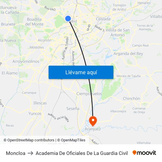 Moncloa to Academia De Oficiales De La Guardia Civil map