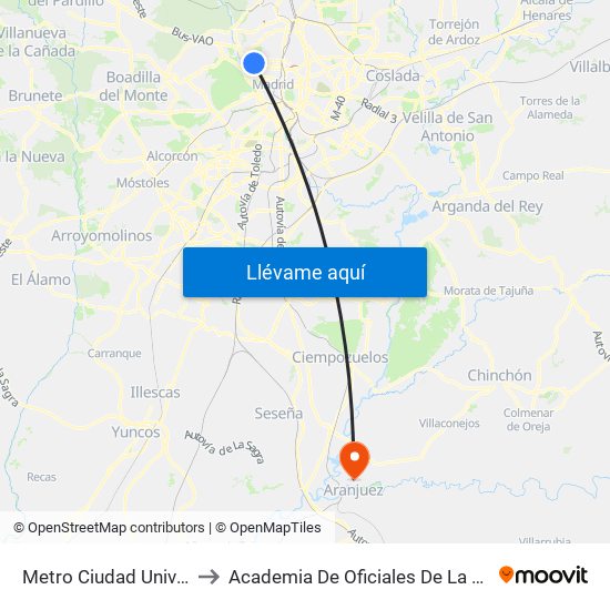 Metro Ciudad Universitaria to Academia De Oficiales De La Guardia Civil map