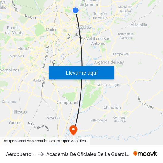 Aeropuerto T4 to Academia De Oficiales De La Guardia Civil map
