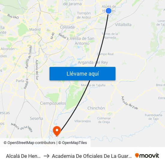 Alcalá De Henares to Academia De Oficiales De La Guardia Civil map