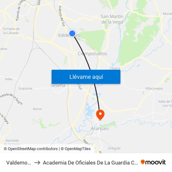 Valdemoro to Academia De Oficiales De La Guardia Civil map