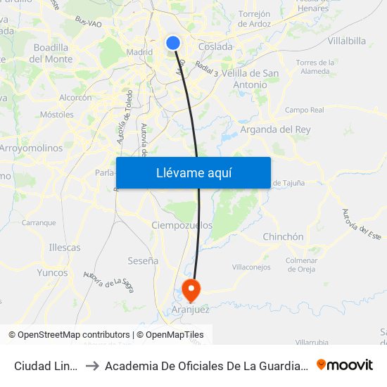 Ciudad Lineal to Academia De Oficiales De La Guardia Civil map