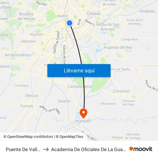Puente De Vallecas to Academia De Oficiales De La Guardia Civil map