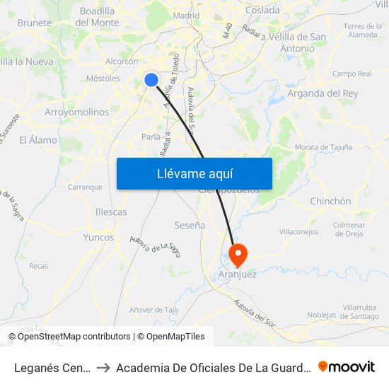 Leganés Central to Academia De Oficiales De La Guardia Civil map