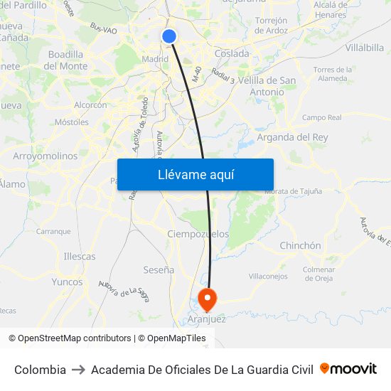 Colombia to Academia De Oficiales De La Guardia Civil map