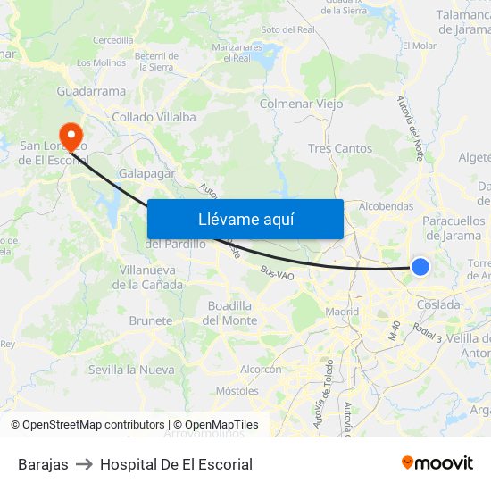 Barajas to Hospital De El Escorial map