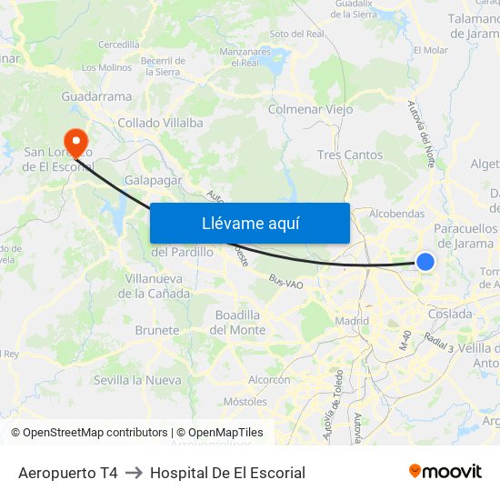 Aeropuerto T4 to Hospital De El Escorial map