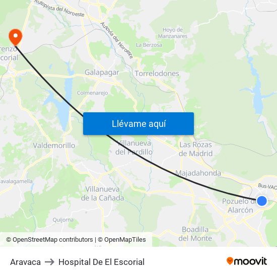 Aravaca to Hospital De El Escorial map