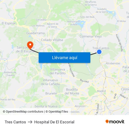 Tres Cantos to Hospital De El Escorial map