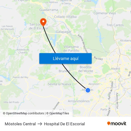 Móstoles Central to Hospital De El Escorial map