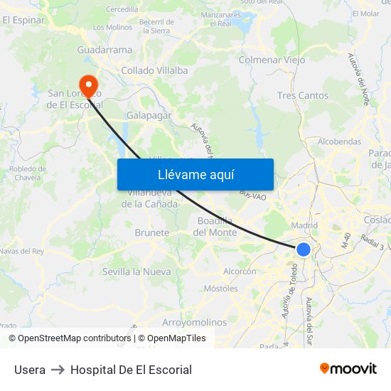 Usera to Hospital De El Escorial map