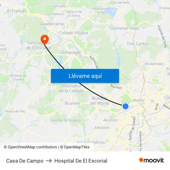 Casa De Campo to Hospital De El Escorial map