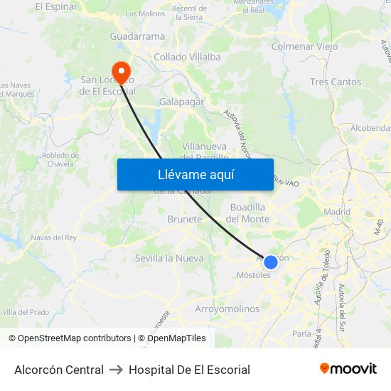 Alcorcón Central to Hospital De El Escorial map