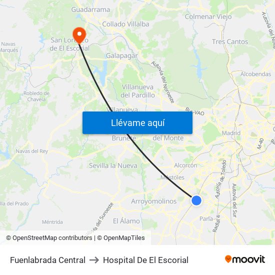 Fuenlabrada Central to Hospital De El Escorial map