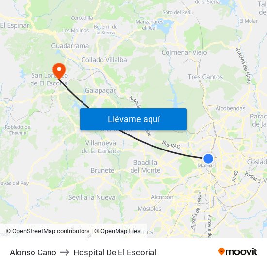 Alonso Cano to Hospital De El Escorial map