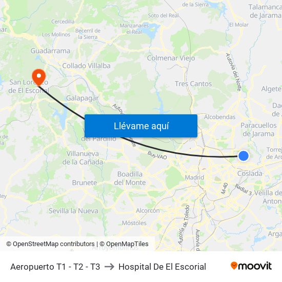 Aeropuerto T1 - T2 - T3 to Hospital De El Escorial map